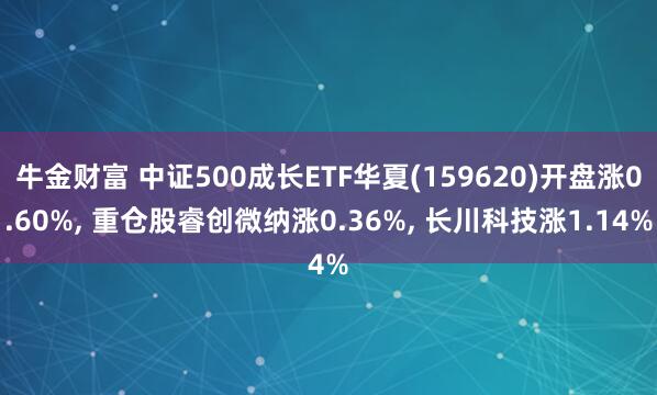 牛金财富 中证500成长ETF华夏(159620)开盘涨0.60%, 重仓股睿创微纳涨0.36%, 长川科技涨1.14%